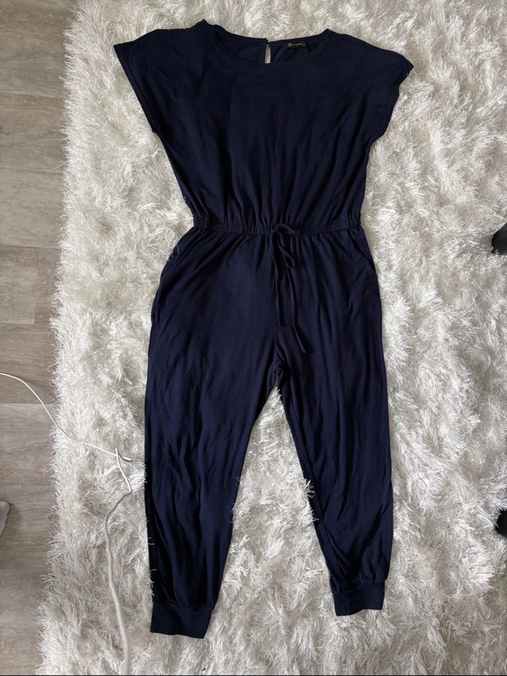 Casual Navy Drawstring Jumpsuit with Elastic Cuffs